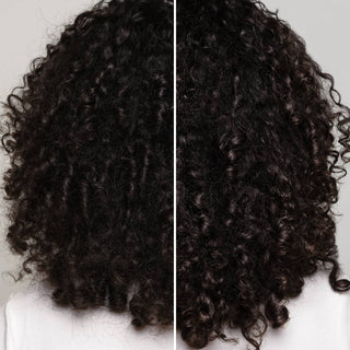 Two views of curly hair on a neutral background