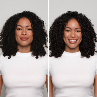 Side-by-side comparison of a woman with curly hair wearing a white shirt against a plain background.