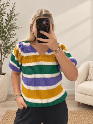 The Krewe Knit – short-sleeve sweater with green, purple, yellow and white stripes