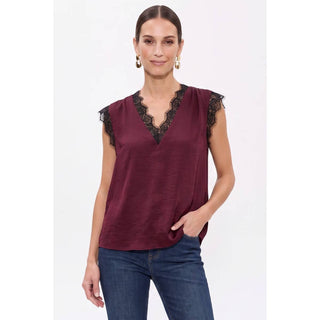 Lace trim V-neck satin sleeveless blouse, view 3