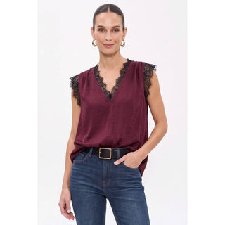Lace trim V-neck satin sleeveless blouse