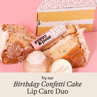 Lip balm packaging with a slice of birthday cake and text promoting a lip care duo.