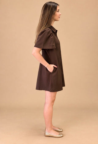 Maggie collared puff sleeve button down mini dress on model, view 2