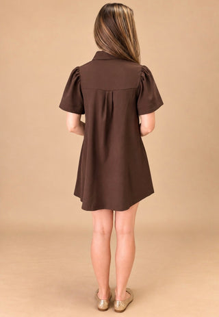 Maggie collared puff sleeve button down mini dress on model, view 3