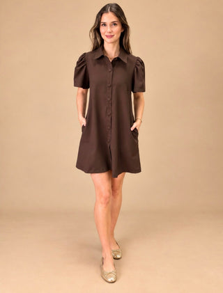 Maggie collared puff sleeve button down mini dress on model