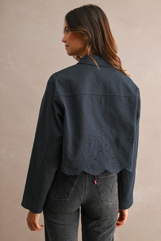Magnolia Floral Eyelet Embroidered Cropped Jacket - Blue Blossom Boutique