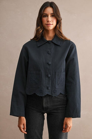 Magnolia Floral Eyelet Embroidered Cropped Jacket - Blue Blossom Boutique