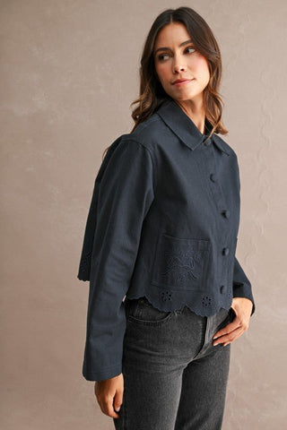 Magnolia Floral Eyelet Embroidered Cropped Jacket - Blue Blossom Boutique