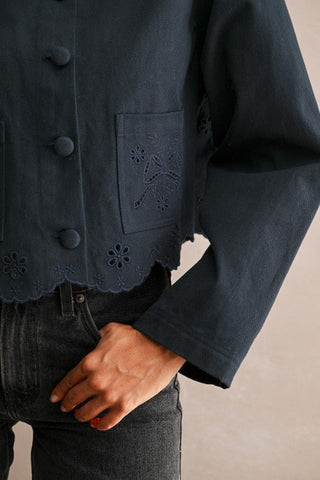 Magnolia Floral Eyelet Embroidered Cropped Jacket - Blue Blossom Boutique