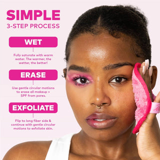 Woman using a pink facial cleansing brush with text on a white background