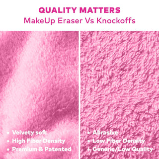 Comparison of MakeUp Eraser texture with knockoffs on a pink background.