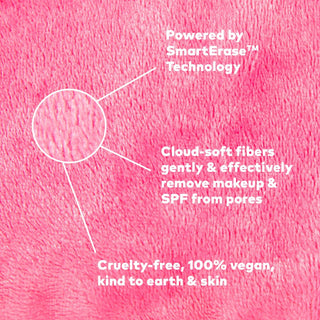 Close-up of pink fabric with text about SmartErase Technology, cloud-soft fibers, and product features.