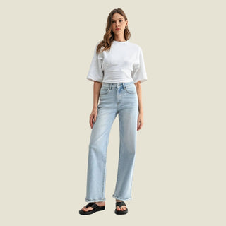 Marcy women's wide leg jeans with a relaxed silhouette and raw hem detailing