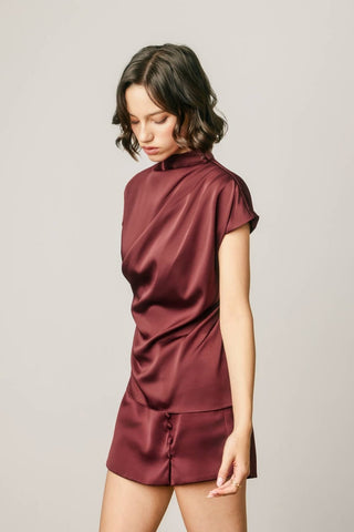 Margot Draped Satin Mock Neck Blouse, view 19