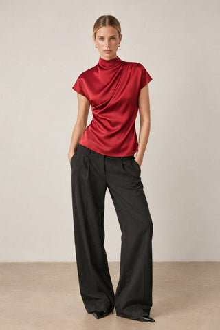 Margot Draped Satin Mock Neck Blouse, view 26