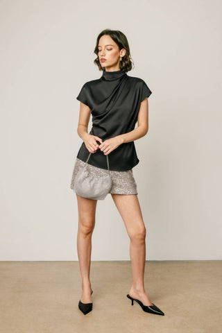 Margot Draped Satin Mock Neck Blouse, view 15