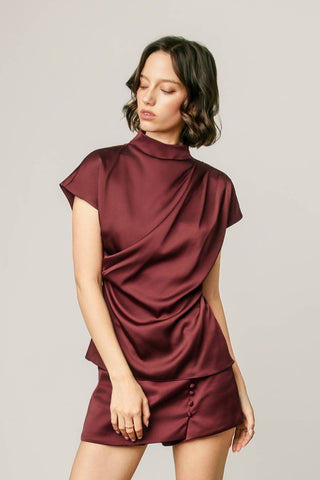 Margot Draped Satin Mock Neck Blouse, view 18