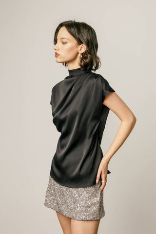 Margot Draped Satin Mock Neck Blouse, view 13