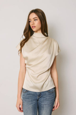 Margot Draped Satin Mock Neck Blouse, view 6