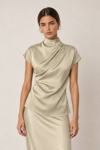 Margot Draped Satin Mock Neck Blouse, view 25