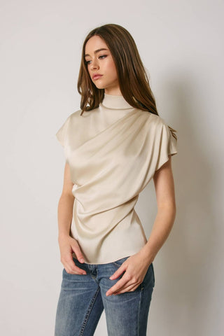 Margot Draped Satin Mock Neck Blouse, view 7
