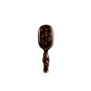 A hairbrush with a glossy tortoiseshell pattern handle and head, featuring a twisted grip and gold-tone metal accents at the base, shown against a plain white background.