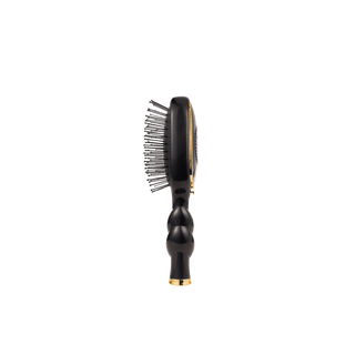 Black hairbrush with gold accents on a white background