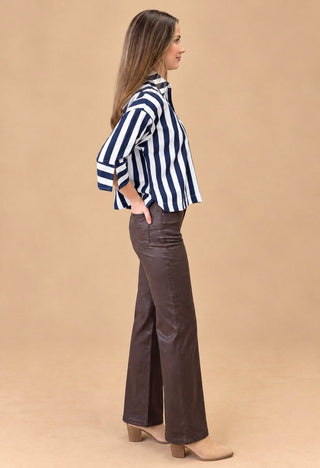Nantucket navy stripe collared v-neck shirt on model, view 2