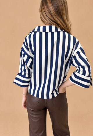 Nantucket navy stripe collared v-neck shirt on model, view 3