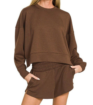Off-Duty Scuba Pullover & Shorts Set – relaxed scuba knit pullover with matching high-waisted shorts