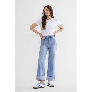 The Olivia Wide Leg Jeans in light wash on model
