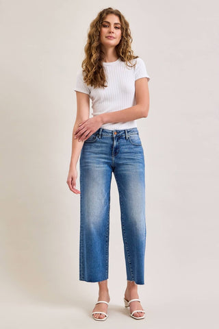 Petite medium wash mid rise dad jeans, view 5