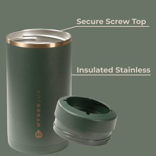 Green insulated stainless steel tumbler with secure screw top on a gray background