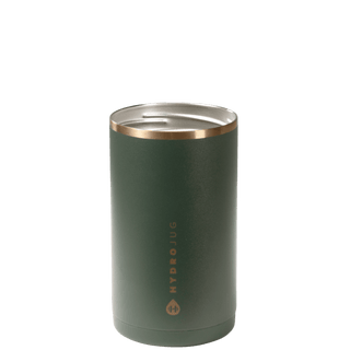 Green tumbler with rose gold rim and 'Hydro Flug' branding on a white background