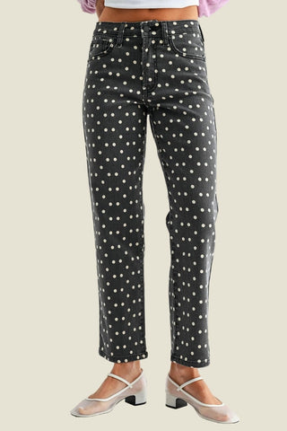 Polka Dot Vintage Straight Jeans in black with white dots on model