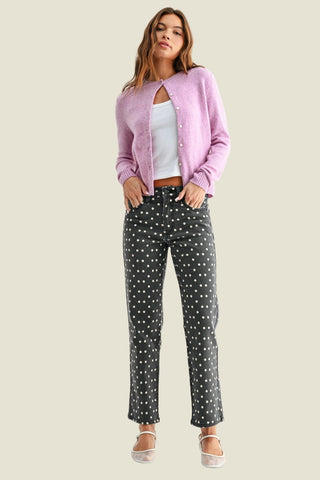 Polka Dot Vintage Straight Jeans styled with a pink cardigan