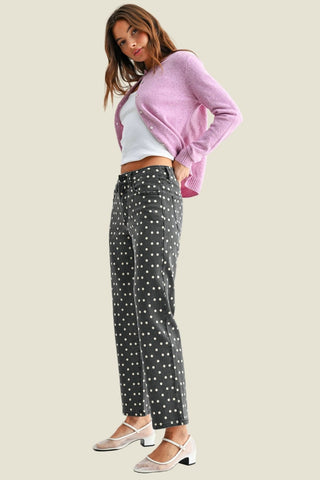 Polka Dot Vintage Straight Jeans styled with a pink sweater and white crop top