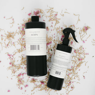 Two black bottles with white labels on a decorative floral background poppy mop soap and multi surface cleaner