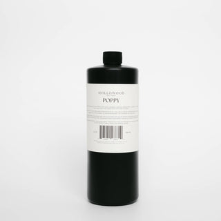 A large black bottle with a white label reading 'HOLLOWOOD POPPY' and a barcode, photographed against a clean white background.