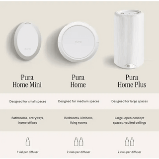 Three different sizes of Pura diffusers with descriptions on a beige background