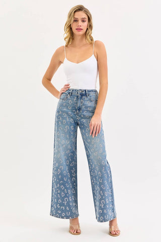 High rise wide leg tinted jeans with all-over rhinestones, view 3