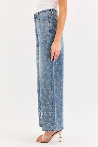 High rise wide leg tinted jeans with all-over rhinestones, view 4
