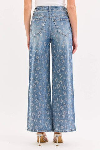 High rise wide leg tinted jeans with all-over rhinestones, view 5