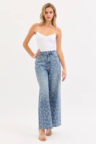 High rise wide leg tinted jeans with all-over rhinestones