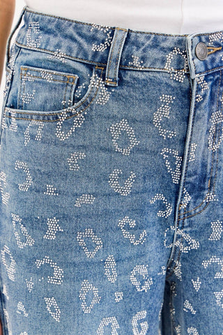 High rise wide leg tinted jeans with all-over rhinestones, view 6