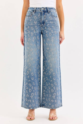 High rise wide leg tinted jeans with all-over rhinestones, view 2