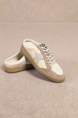 Sabot beige lace-up sneakers with star details and shiny heel, view 2