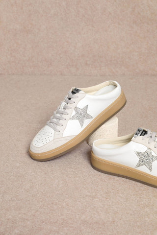 Sabot beige lace-up sneakers with star details and shiny heel, view 5