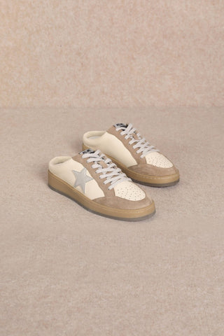Sabot beige lace-up sneakers with star details and shiny heel