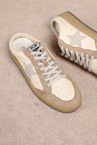 Sabot beige lace-up sneakers with star details and shiny heel, view 3